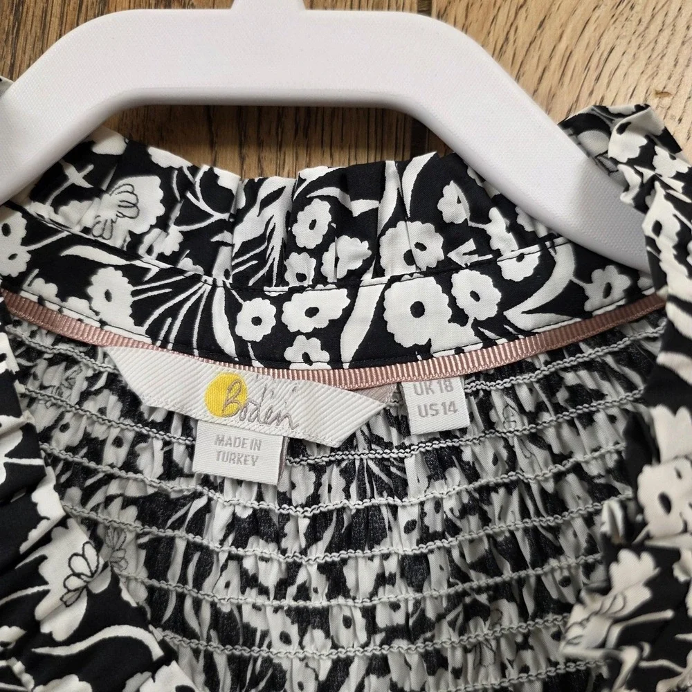 Boden Blouse Women 14 Black White Floral High Neck Puff Sleeve Cotton Spring